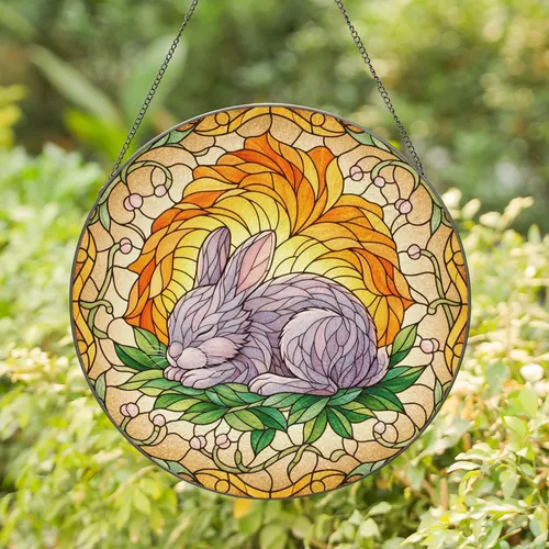 Sleeping Baby Rabbit Orange Yellow Floral - Home Decor Gift for Wildlife Lover Stained Glass Suncatcher