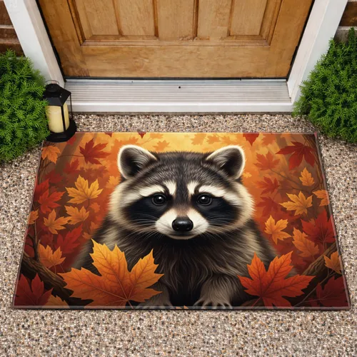 Expressive Baby Raccoon Autumn Foliage - Wildlife Lover Home Decor Gift Doormat