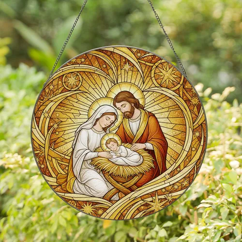 Mary Joseph Baby Jesus Golden Manger Celestial Swirls - Christian Christmas Decor Gift Stained Glass Suncatcher