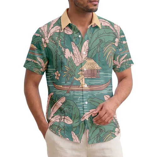 Person in Wooden Boat Hut Tropical Palm Fronds - Travel Essentials Gift Hawaiian Shirt