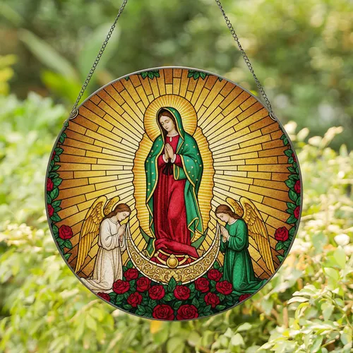 Virgin Mary Our Lady of Guadalupe Angels Roses Crescent Moon - Home Decor Gift Stained Glass Suncatcher