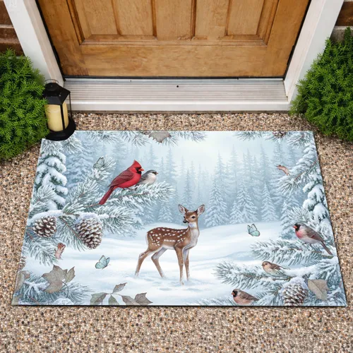 Red Cardinal Deer Snowy Evergreen Forest - Winter Home Decor Gift for Nature Lover Doormat