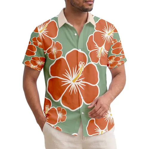 Burnt Orange Hibiscus Flowers Creamy Yellow Centers Sage Green - Home Decor Gift Hawaiian Shirt