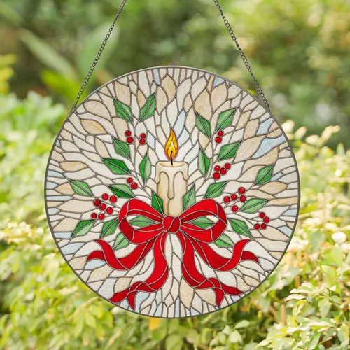 Pillar Candle Red Ribbon Bow Winter Berries - Christmas Gift Home Decor Stained Glass Suncatcher