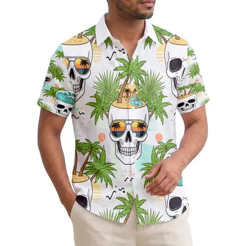 Tropical Scene Skulls Palm Tree - Vacation Travel Gift Hawaiian Shirt