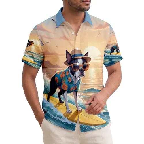 Boston Terrier Surfing Dog Ocean Wave Islands - Tropical Sunset Beach Lover Gift Hawaiian Shirt