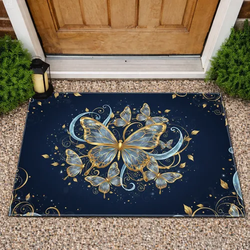 Shimmering Gold Translucent Butterflies Botanical Greek Key - Home Decor Gift Doormat