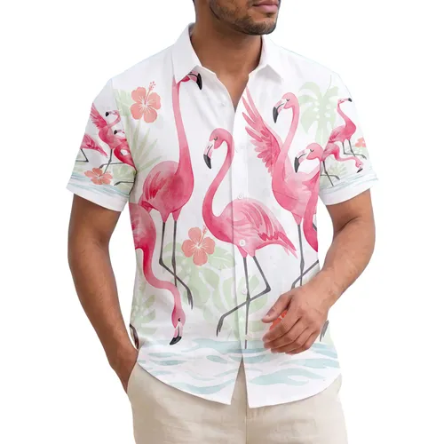 Pink Flamingos Hibiscus Palm Fronds Water Tropical Lifestyle Gift Flamingo Lover Hawaiian Shirt