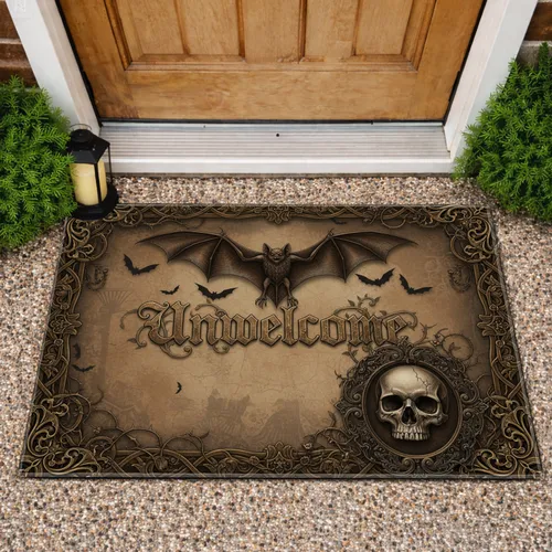 Unwelcome Bat Skull Gothic Baroque Scroll Thorn Vines - Dark Academia Home Decor Gift Doormat