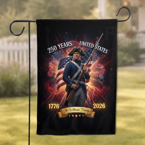 Revolutionary War Soldier Betsy Ross Flag 1776-2026 - USA 250th Anniversary Custom Family Name Garden Flag