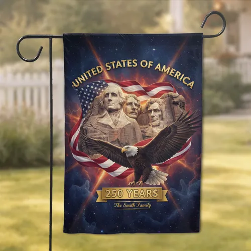 Mount Rushmore Bald Eagle American Flag USA 250th Anniversary for Custom Family Name Garden Flag