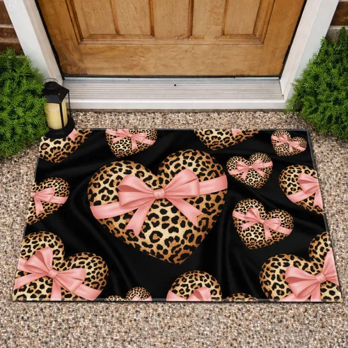 Leopard Print Hearts Pink Bows - Home Decor Gift Doormat