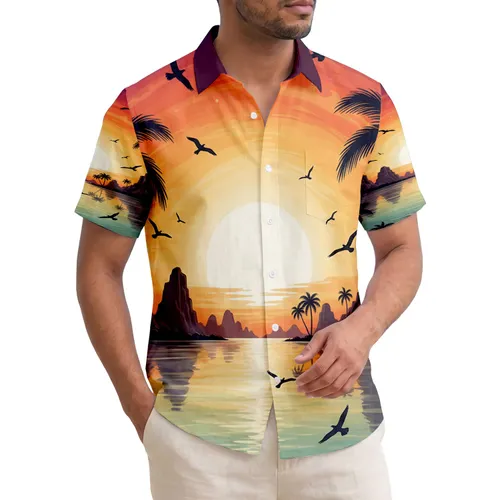 Silhouetted Palm Trees Setting Sun Island Ocean Tropical Birds - Travel Essentials Vacationer Gift Hawaiian Shirt