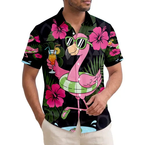 Pink Flamingo Tropical Cocktail Hibiscus Palm Frond - Tropical Vacation Gift for Flamingo Lover Hawaiian Shirt