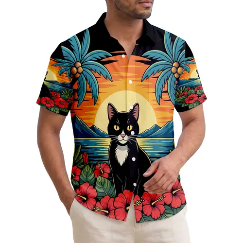 Tuxedo Cat Hibiscus Flowers Palm Trees Tropical Sunset - Home Decor Gift for Cat Lover Hawaiian Shirt