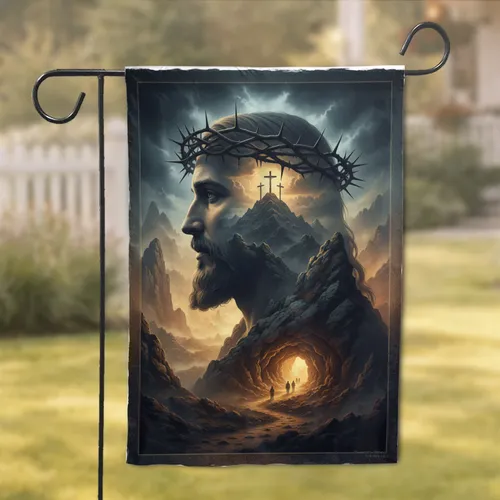Jesus Christ Thorn Crown Three Crosses Mountain Landscape - Spiritual Home Decor Gift Garden Flag