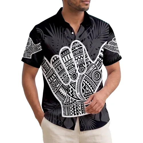 Polynesian Tribal Shaka Hand Monstera Palm Foliage Waves - Island Lifestyle Summer Gift Hawaiian Shirt