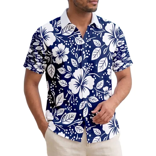 Crisp White Hibiscus Flowers Leaves Berries on Navy - Tropical Home Decor Gift Hawaiian Shirt