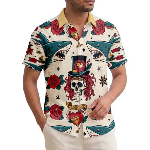 Skulls Sharks Swallows Roses Flaming Heart - Good Luck Tropical Lifestyle for Tattoo Fans Hawaiian Shirt