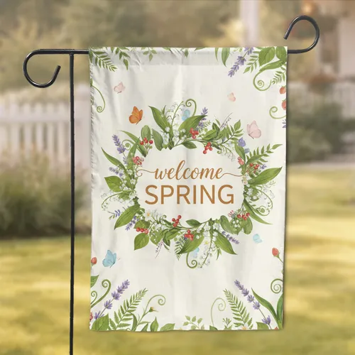Welcome Spring Lily-of-the-Valley Lavender Butterflies - Springtime Home Decor Garden Flag