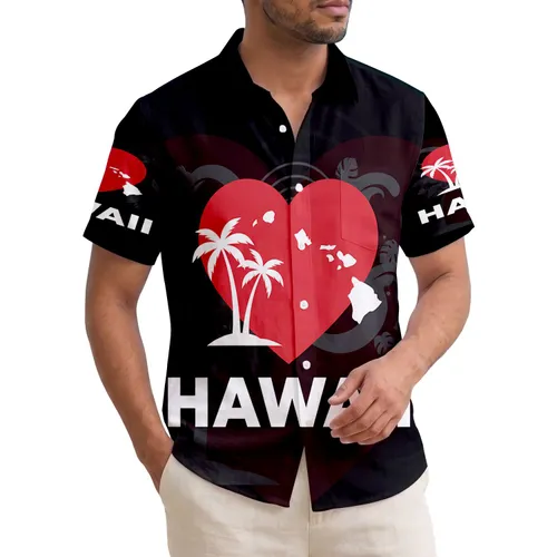 Red Heart Hawaiian Islands Palm Trees HAWAII Text - Travel Essentials Hawaiian Shirt