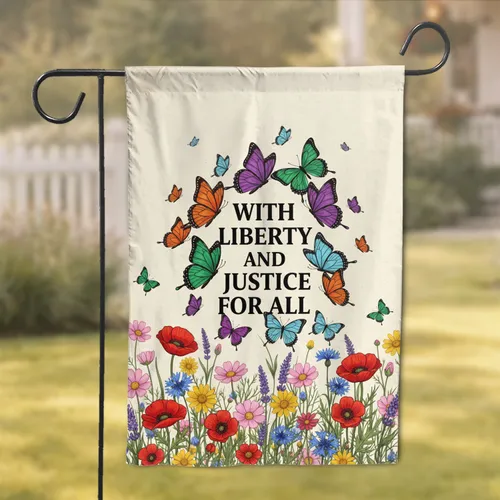 With Liberty And Justice For All Text, Butterflies Wildflowers - Patriotic Home Decor Gift Garden Flag