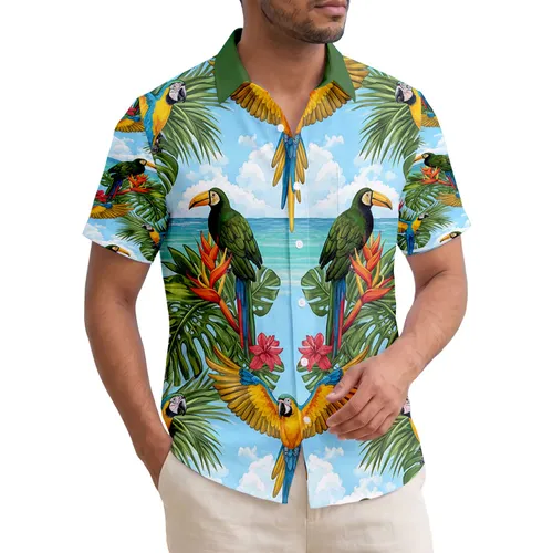 Blue Yellow Red Macaws Toucan Palm Tree Island Ocean Scene - Wildlife Lover Travel Gift Hawaiian Shirt