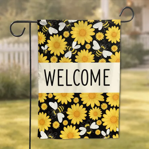 WELCOME Yellow Daisy Black Bee Cream Background - Home Entryway Decor Garden Flag