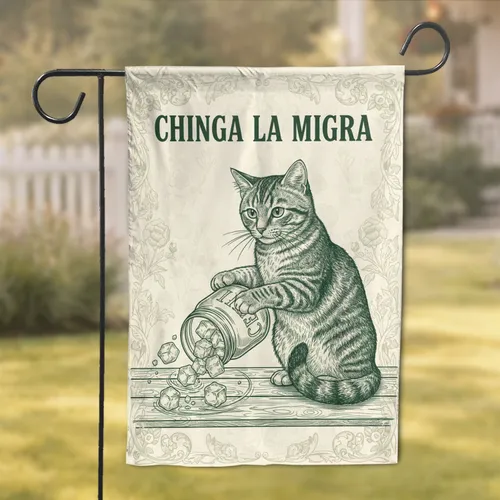 Tabby Cat 'CHINGA LA MIGRA' Mason Jar - Statement Home Decor Gift Garden Flag