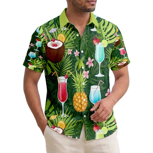 Tropical Cocktails Pineapples Monstera Palm Leaves - Summer Party Vacation Gift Hawaiian Shirt