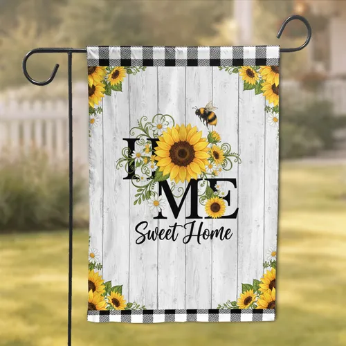 HOME Sunflower Daisy Bumblebee Sweet Home Weathered Wood Buffalo Plaid Farmhouse Decor Gift Garden Flag