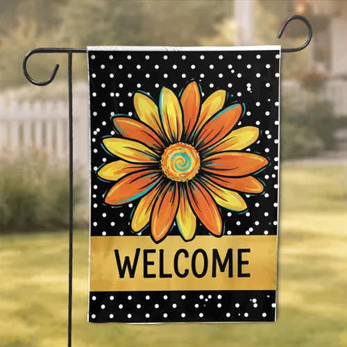 Orange Yellow Daisy Flower Welcome Sign Black Polka Dot - Home Decor Gift Garden Flag