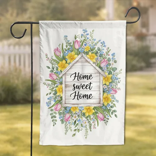 Distressed Wood House 'Home Sweet Home' Spring Garden Flowers - Farmhouse Decor Gift Garden Flag
