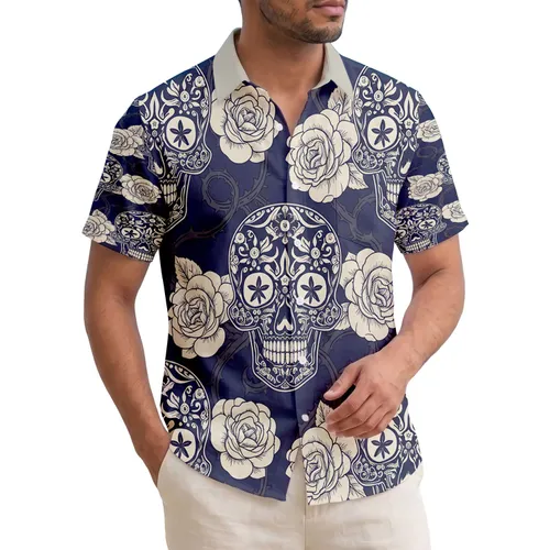 Tattoo Art Skulls Roses Starburst Thorny Vines Deep Navy Blue - Tropical Lifestyle Gift Hawaiian Shirt