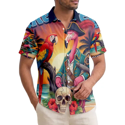 Retired BUT NOT EXPIRED Flamingo Pirate Macaw Skull Tropical Sunset - Beach Retirement Gift Hawaiian Shirt