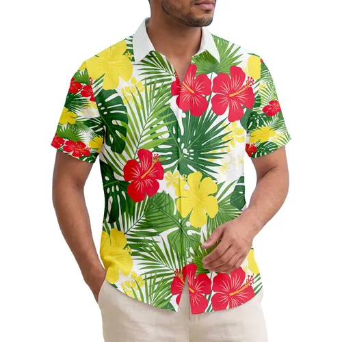 Red Yellow Hibiscus Fan Palm Monstera Deliciosa Leaves - Lush Tropical Home Decor Gift Hawaiian Shirt
