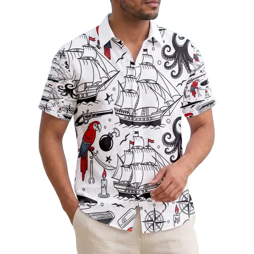 Pirate Skull Galleon Octopus Tropical Palm - Nautical Adventure Gift for Pirate Lover Hawaiian Shirt