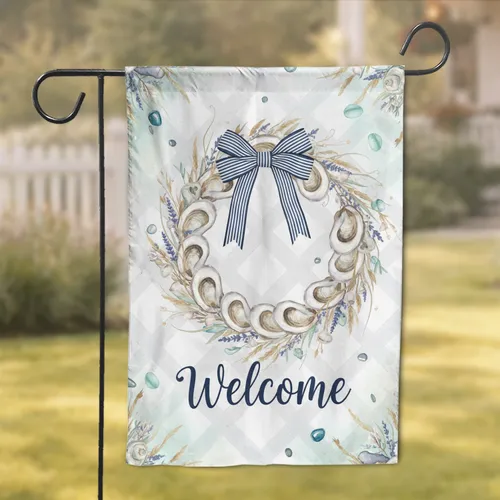 Oyster Shell Wreath Welcome Script Ribbon Seashells - Coastal Beach Home Decor Gift Garden Flag