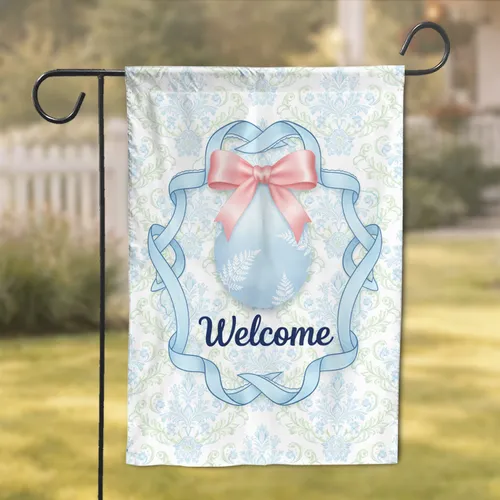 Welcome Fern Easter Egg Ornate Ribbons Floral Scrollwork - Easter Home Decor Gift Garden Flag