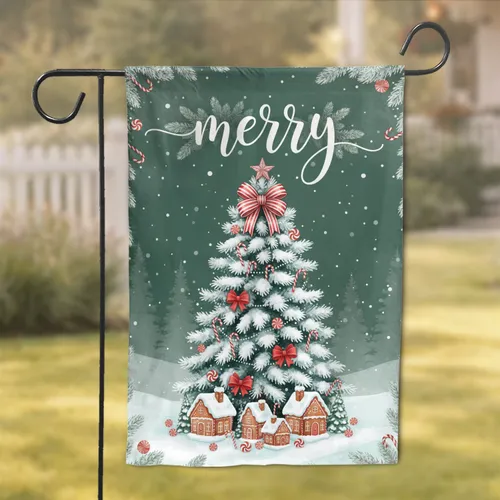 Merry Script Snowy Christmas Tree Candy Cane Gingerbread House - Holiday Decor Gift Garden Flag