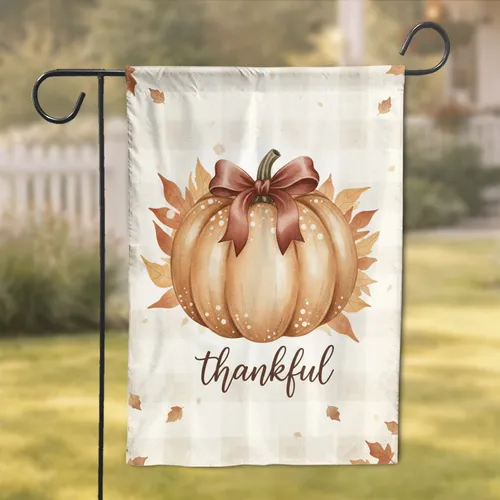 Pumpkin Thankful Plaid Autumn Foliage - Fall Harvest Thanksgiving Decor Gift Garden Flag