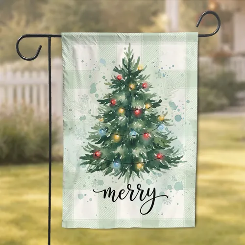Christmas Tree Merry Script Plaid - Holiday Season Decor Garden Flag