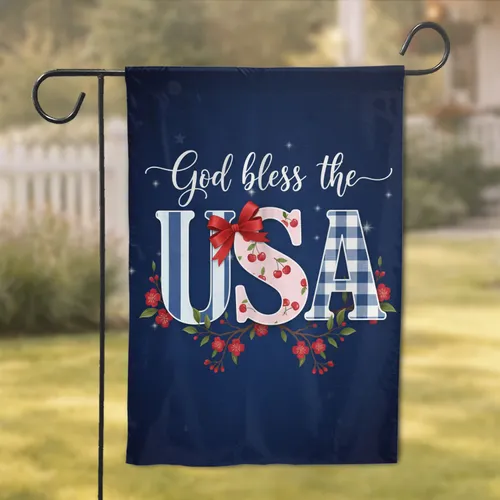 God Bless USA Phrase Stars Cherries Ribbon - Independence Day Patriotic Gift Garden Flag