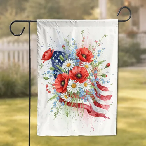 Distressed American Flag Patriotic Flowers - Independence Day Home Decor Garden Flag