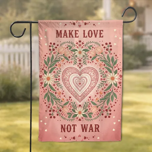 Heart Tulips Daisies Berries 'Make Love Not War' - Peace Advocate Gift Garden Flag