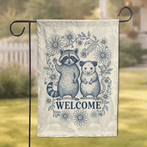 Raccoon Opossum Welcome Sign Daisy Flower Botanical Home Decor Gift Garden Flag