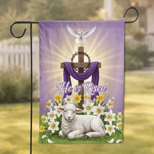 Lamb Cross Dove 'He Is Risen' Easter Lilies - Christian Home Decor Gift Garden Flag