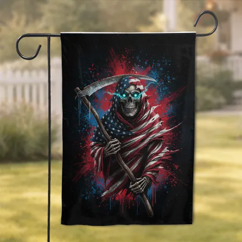 Menacing Grim Reaper American Flag Scythe - Patriotic Home Decor Gift Garden Flag