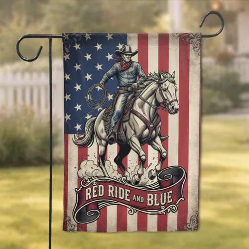 Cowboy Horse American Flag Red Ride Blue Independence Day Decor Garden Flag