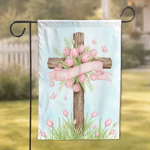 He Has Risen Cross Tulips Butterflies - Easter Celebration Religious Home Decor Garden Flag